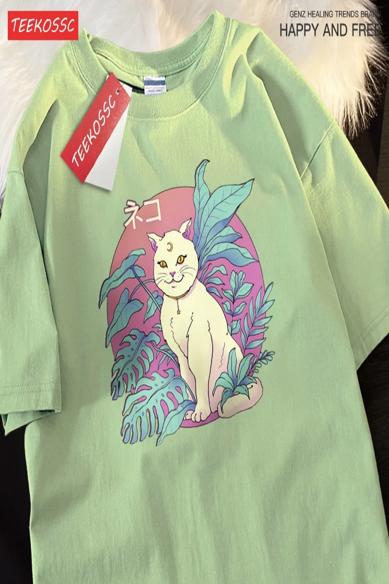 Y2k Vintage Tişört Tee Japon Harajuku hilal kedi