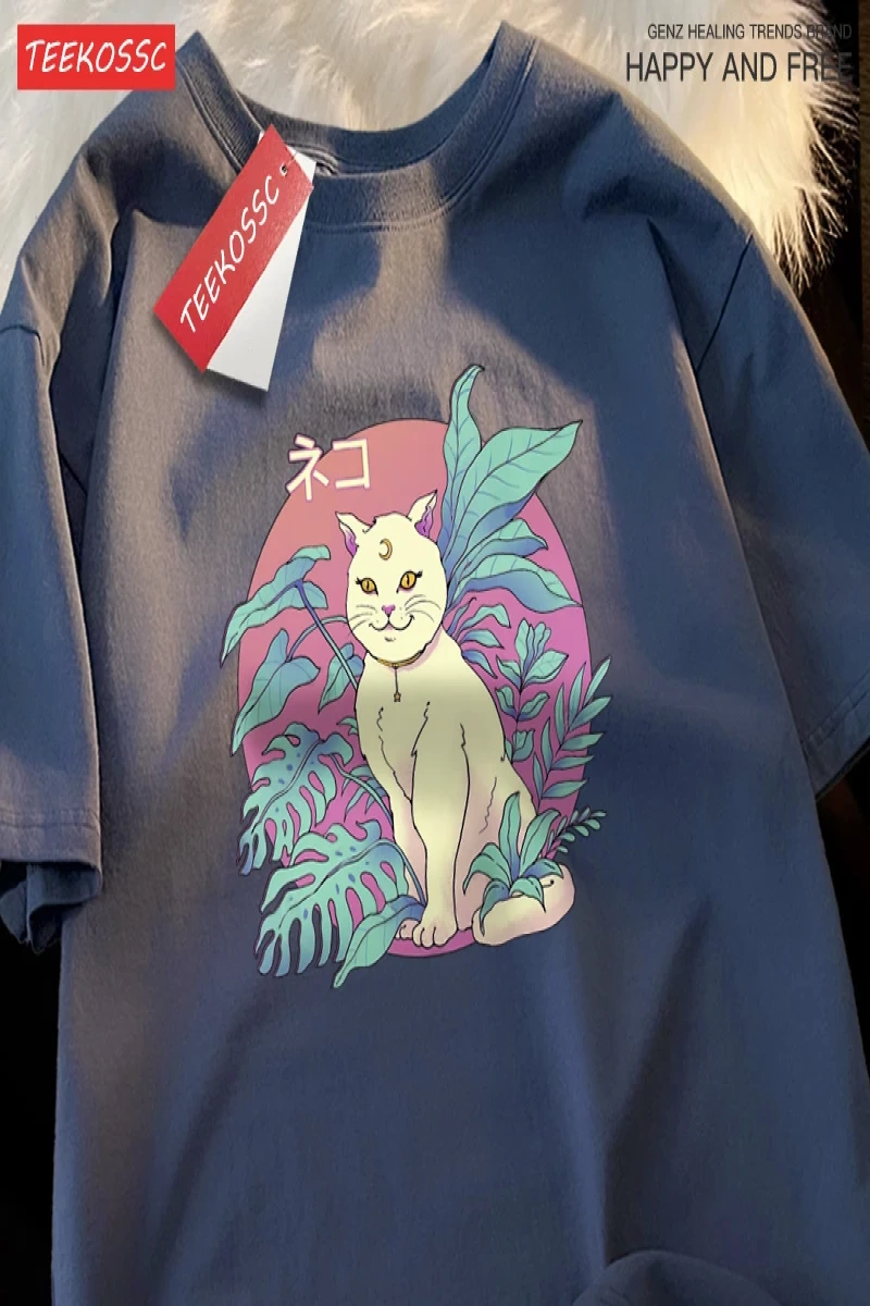 Y2k Vintage Tişört Tee Japon Harajuku hilal kedi
