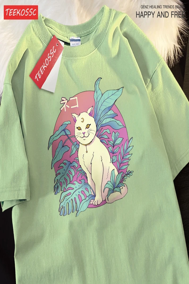 Y2k Vintage Tişört Tee Japon Harajuku hilal kedi