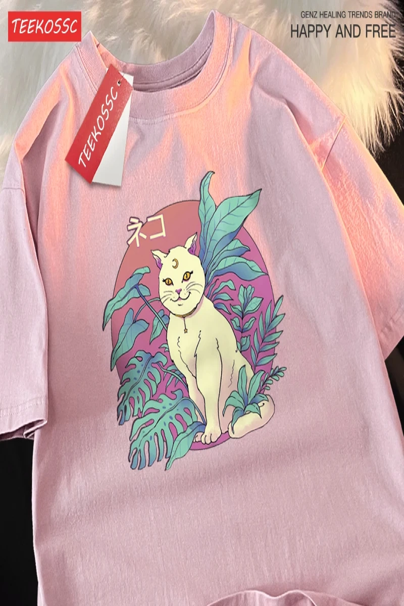 Y2k Vintage Tişört Tee Japon Harajuku hilal kedi