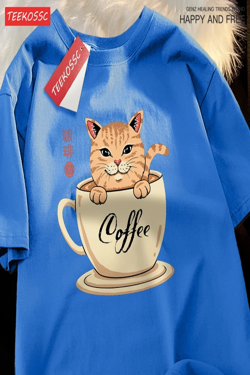 Y2k Vintage Tişört Tee Japon Harajuku kahve fincanı kedi baskı