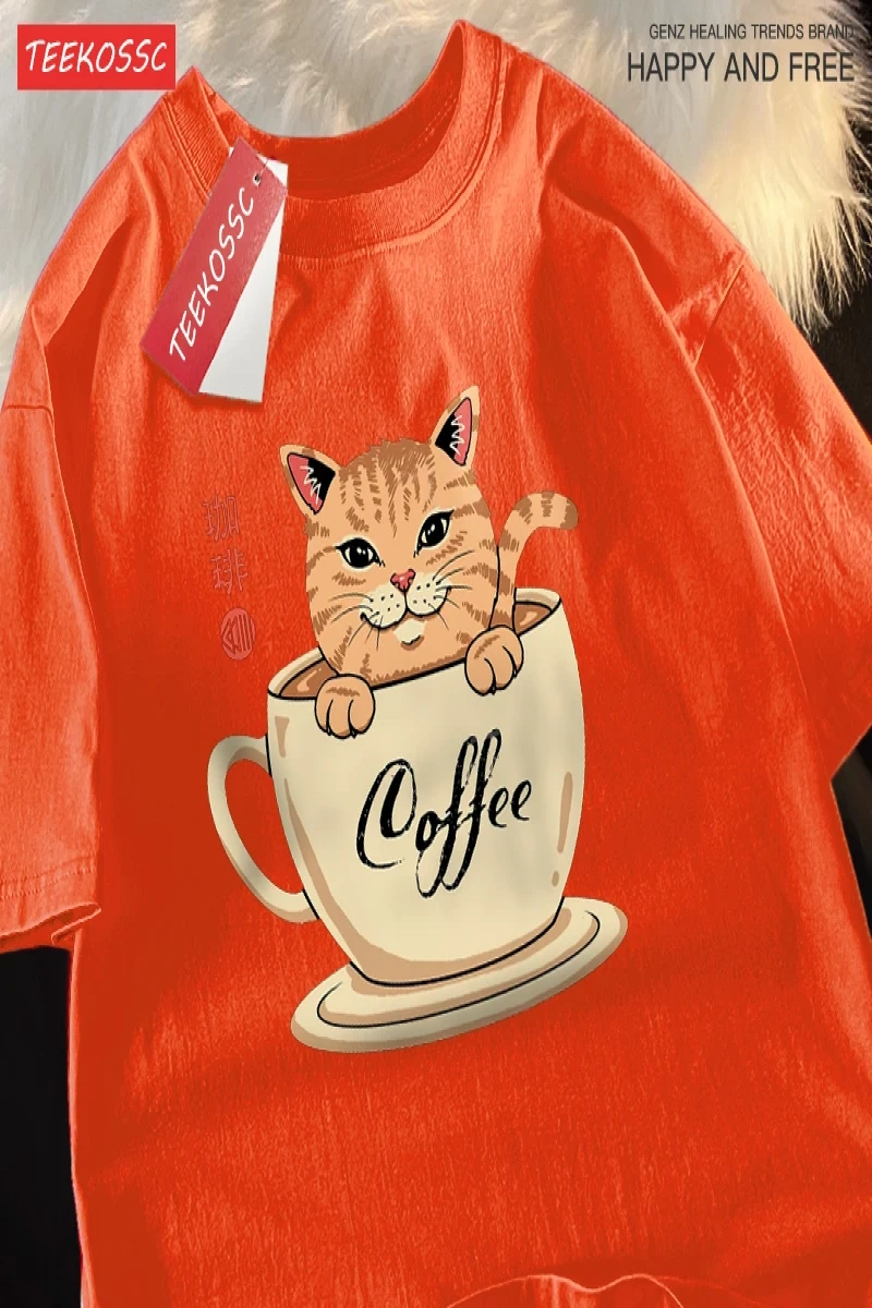 Y2k Vintage Tişört Tee Japon Harajuku kahve fincanı kedi baskı