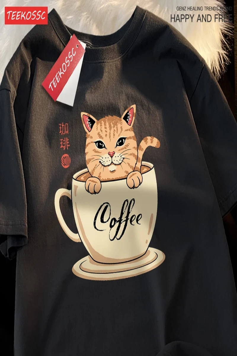Y2k Vintage Tişört Tee Japon Harajuku kahve fincanı kedi baskı