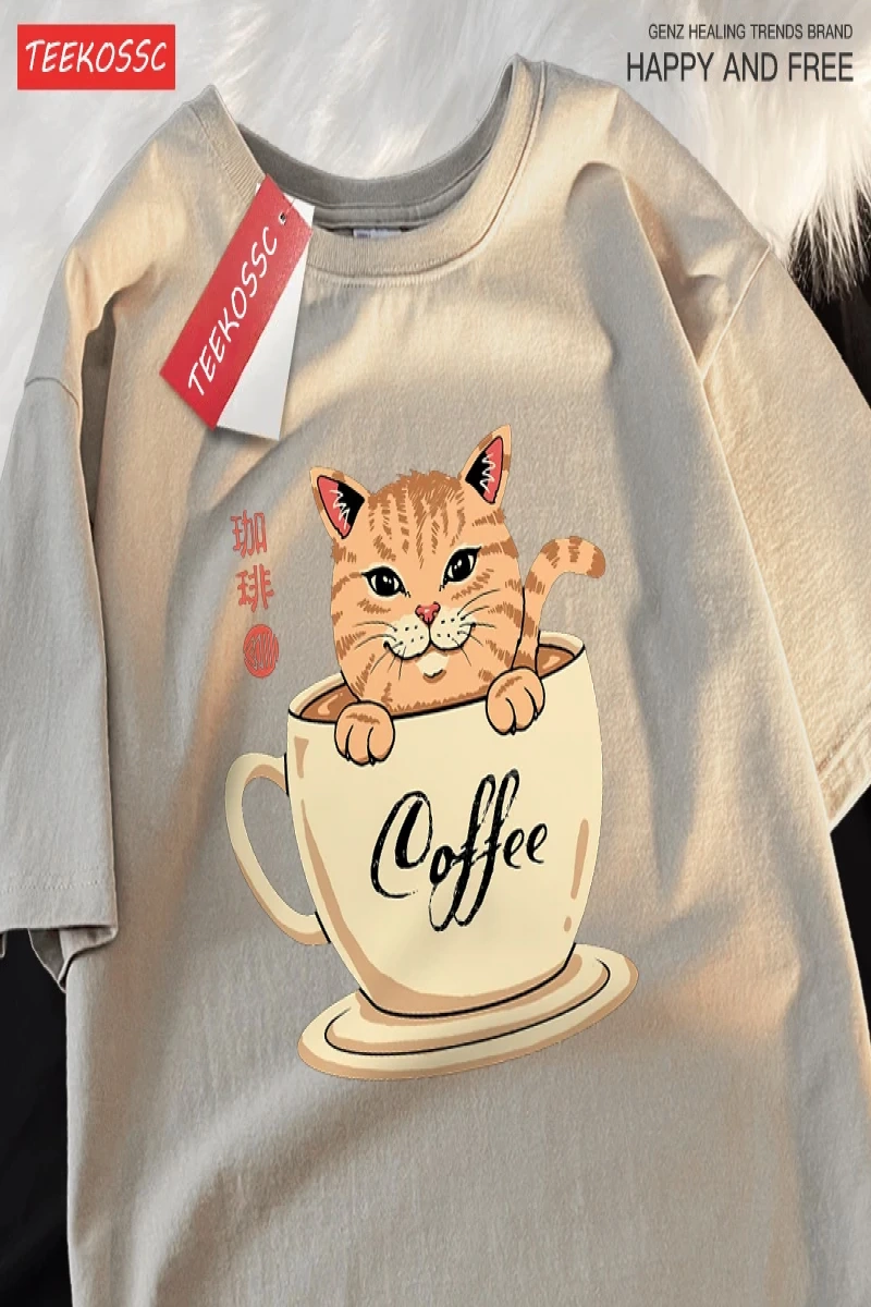 Y2k Vintage Tişört Tee Japon Harajuku kahve fincanı kedi baskı