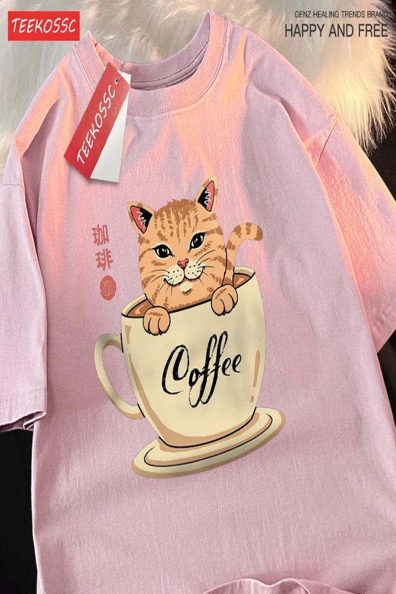 Y2k Vintage Tişört Tee Japon Harajuku kahve fincanı kedi baskı