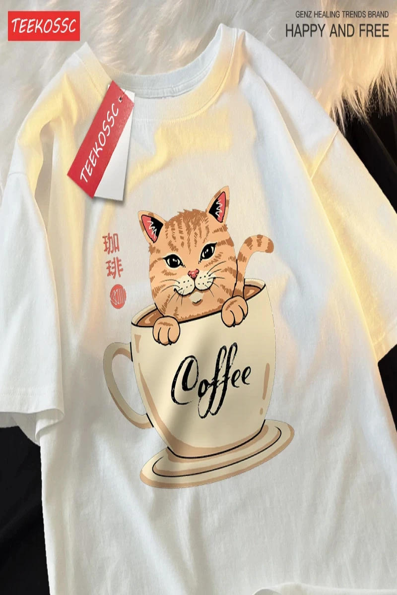 Y2k Vintage Tişört Tee Japon Harajuku kahve fincanı kedi baskı