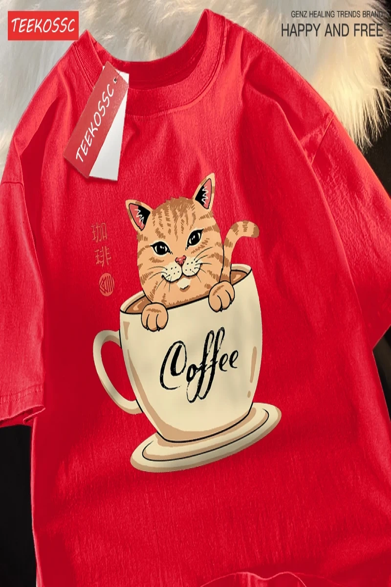 Y2k Vintage Tişört Tee Japon Harajuku kahve fincanı kedi baskı