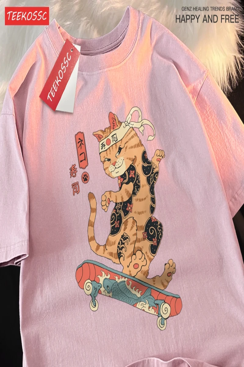 Y2k Vintage Tişört Tee Japon Harajuku kaykay suşi kedi