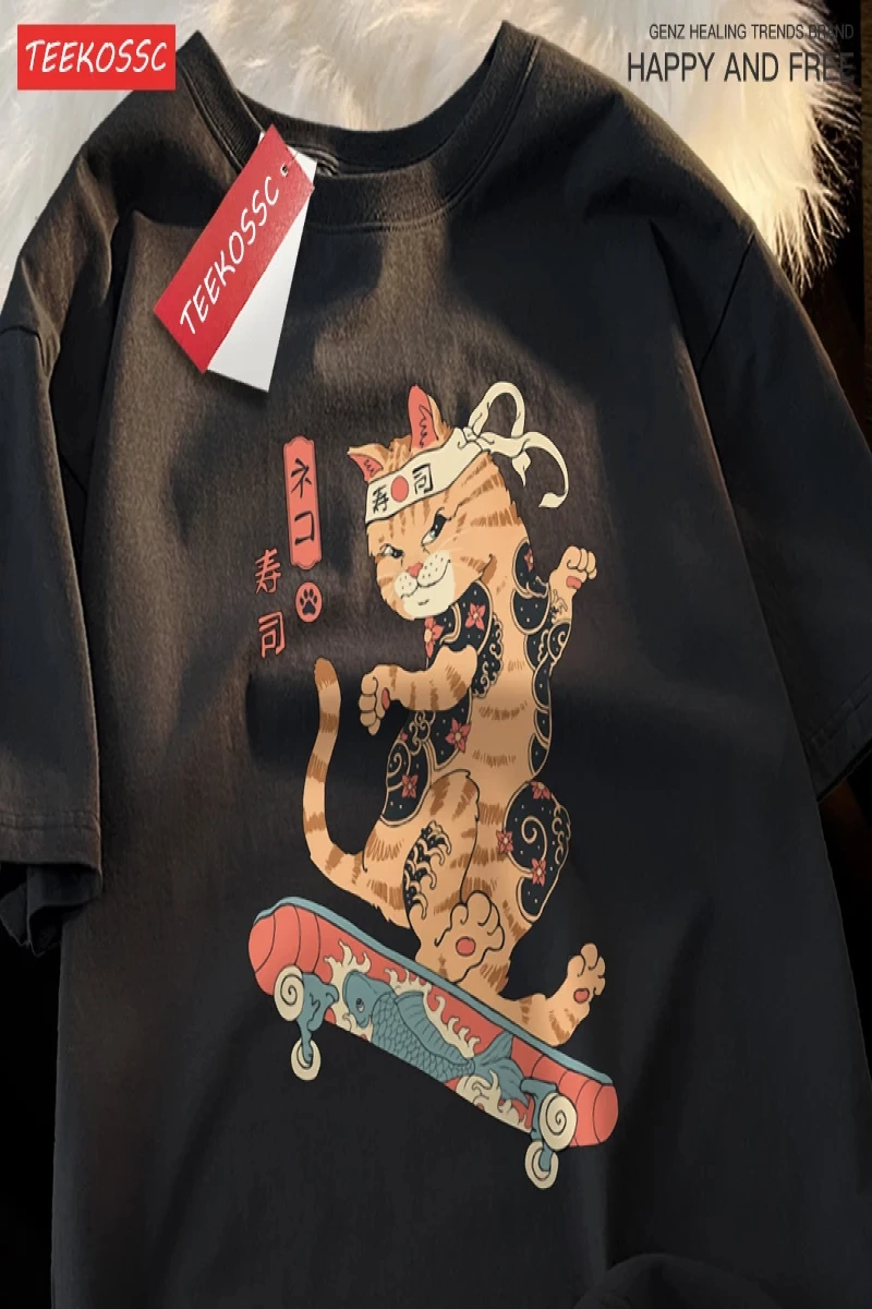 Y2k Vintage Tişört Tee Japon Harajuku kaykay suşi kedi