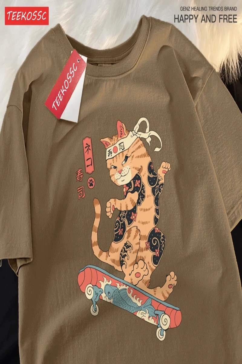 Y2k Vintage Tişört Tee Japon Harajuku kaykay suşi kedi