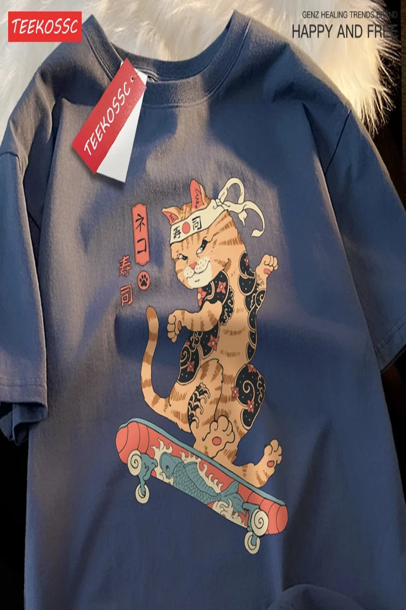 Y2k Vintage Tişört Tee Japon Harajuku kaykay suşi kedi