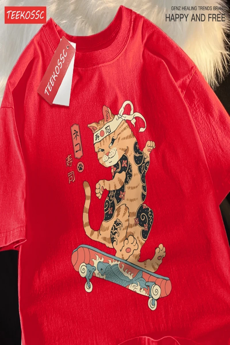 Y2k Vintage Tişört Tee Japon Harajuku kaykay suşi kedi