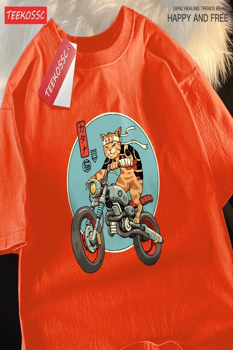 Y2k Vintage Tişört Tee Japon Harajuku motosiklet kedi