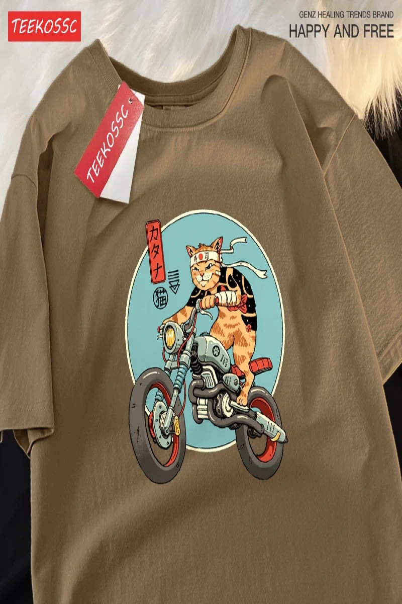Y2k Vintage Tişört Tee Japon Harajuku motosiklet kedi