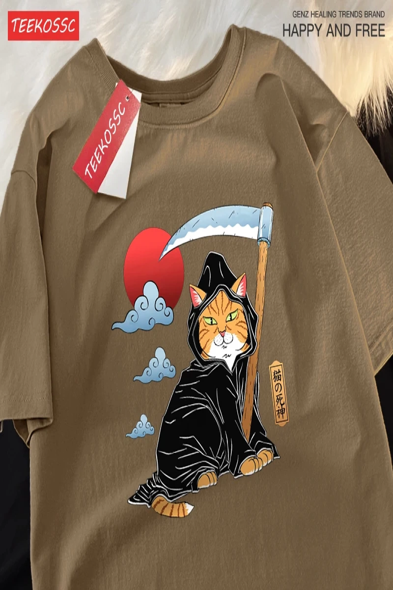 Y2k Vintage Tişört Tee Japon Harajuku ölüm Scythe kedi