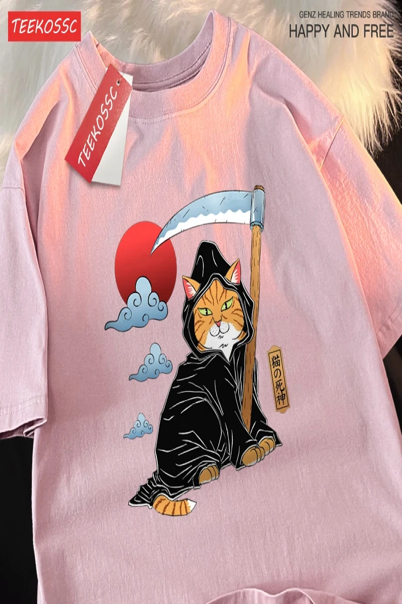 Y2k Vintage Tişört Tee Japon Harajuku ölüm Scythe kedi