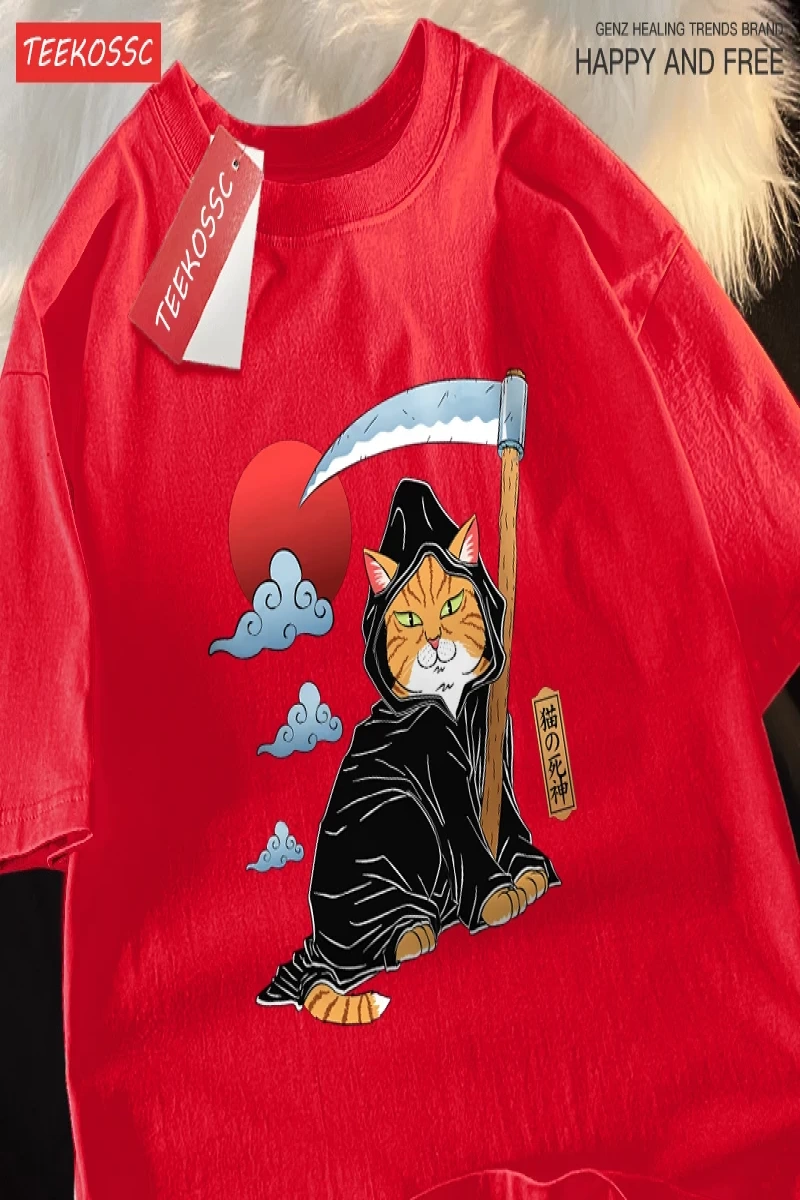 Y2k Vintage Tişört Tee Japon Harajuku ölüm Scythe kedi