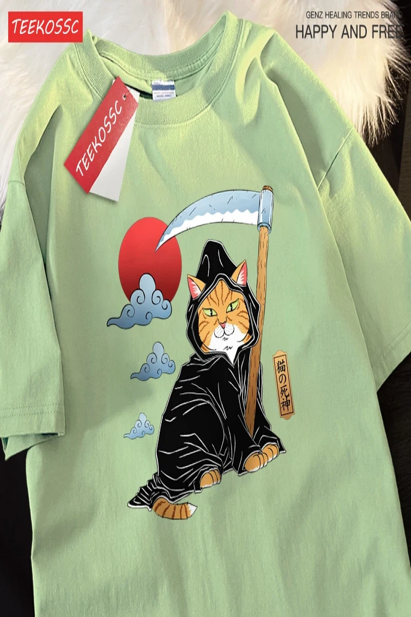 Y2k Vintage Tişört Tee Japon Harajuku ölüm Scythe kedi