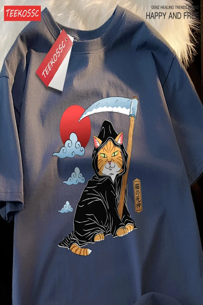 Y2k Vintage Tişört Tee Japon Harajuku ölüm Scythe kedi