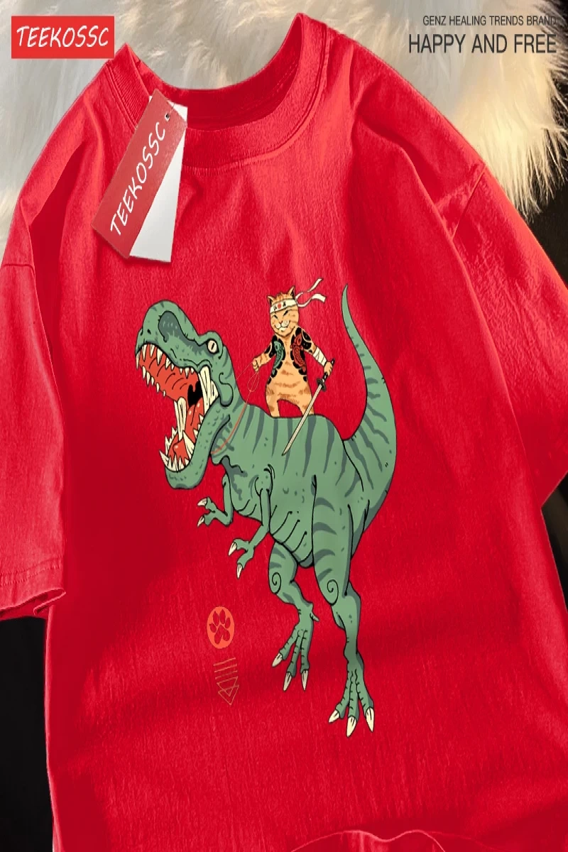 Y2k Vintage Tişört Tee Japon Harajuku sürme dinozor kedi