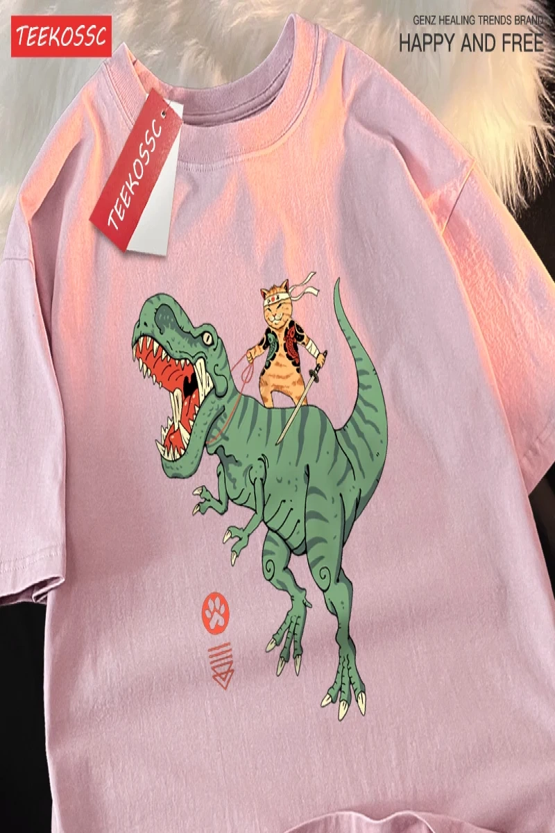 Y2k Vintage Tişört Tee Japon Harajuku sürme dinozor kedi