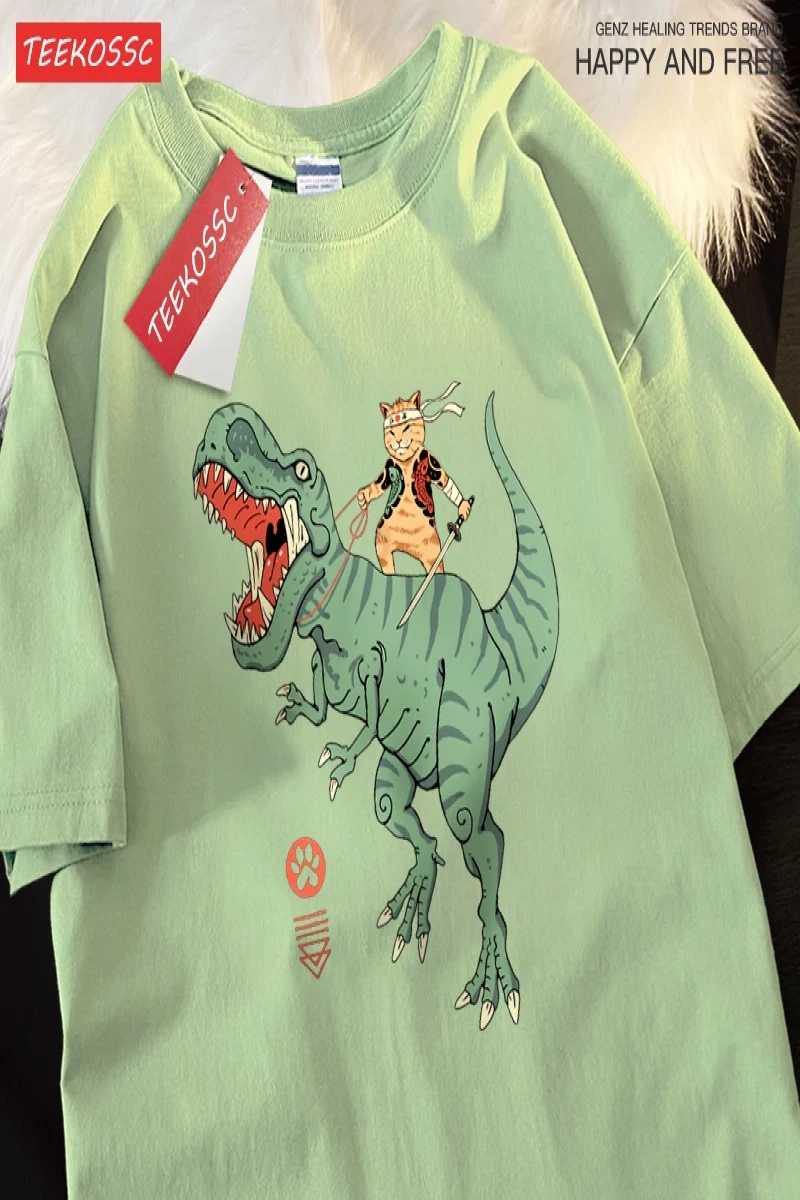 Y2k Vintage Tişört Tee Japon Harajuku sürme dinozor kedi
