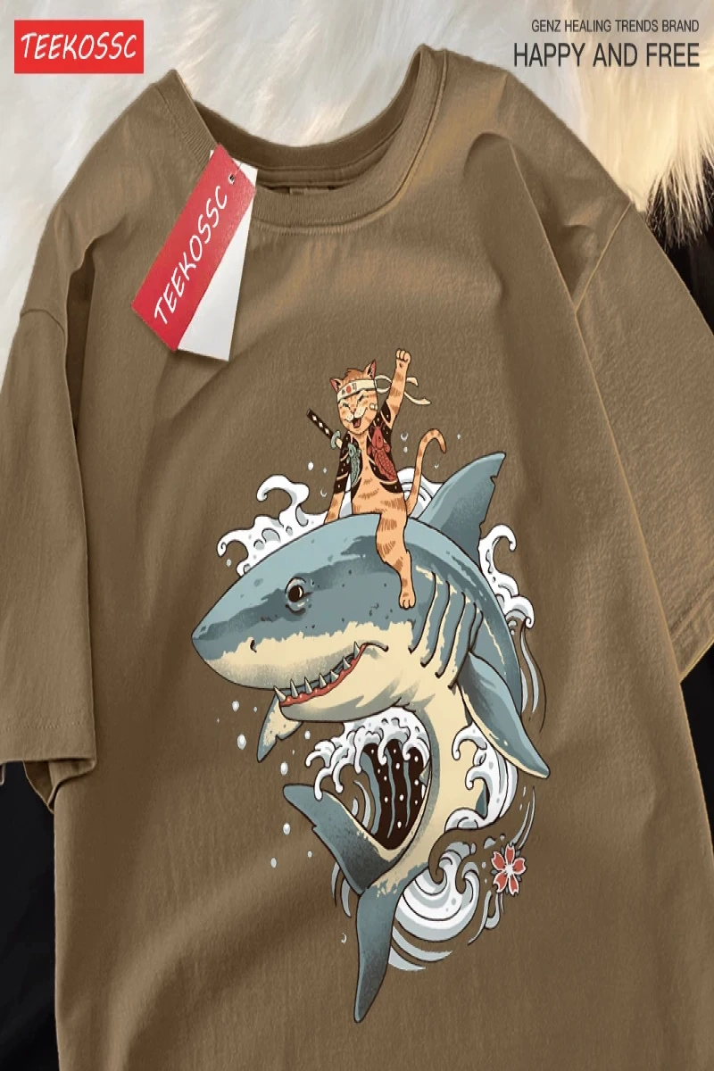 Y2k Vintage Tişört Tee Japon Harajuku sürme köpekbalığı kedi