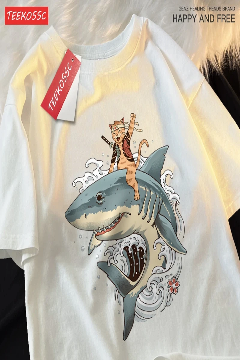 Y2k Vintage Tişört Tee Japon Harajuku sürme köpekbalığı kedi