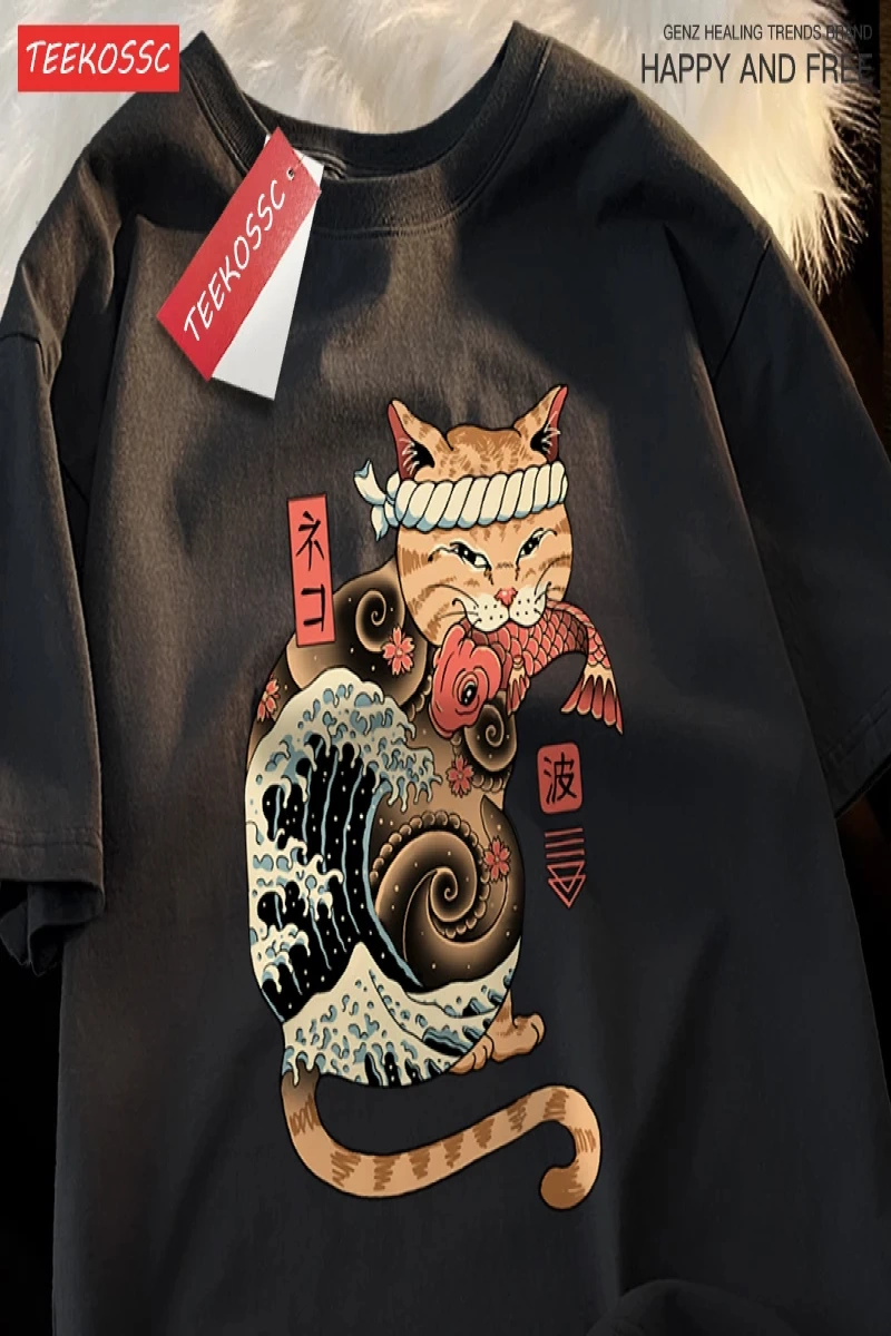 Y2k Vintage Tişört Tee Japon Harajuku ukiyo-e kedi