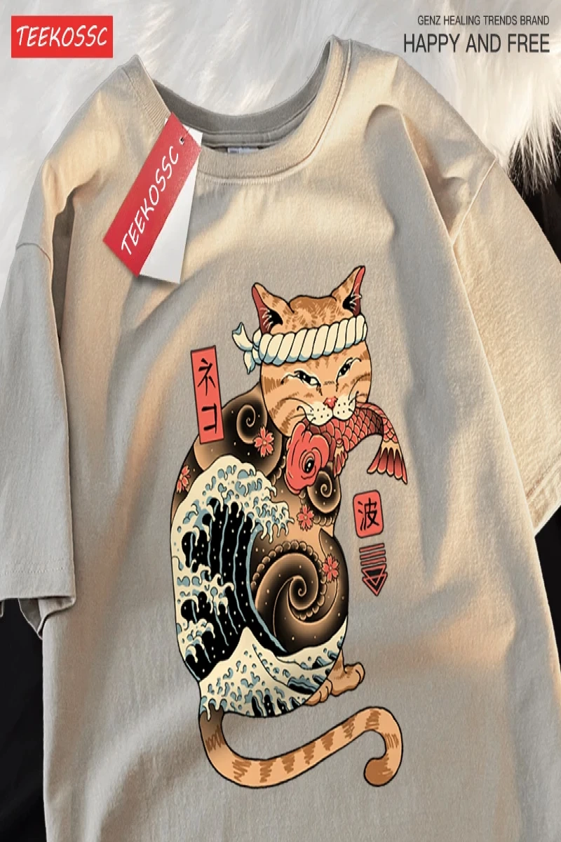 Y2k Vintage Tişört Tee Japon Harajuku ukiyo-e kedi