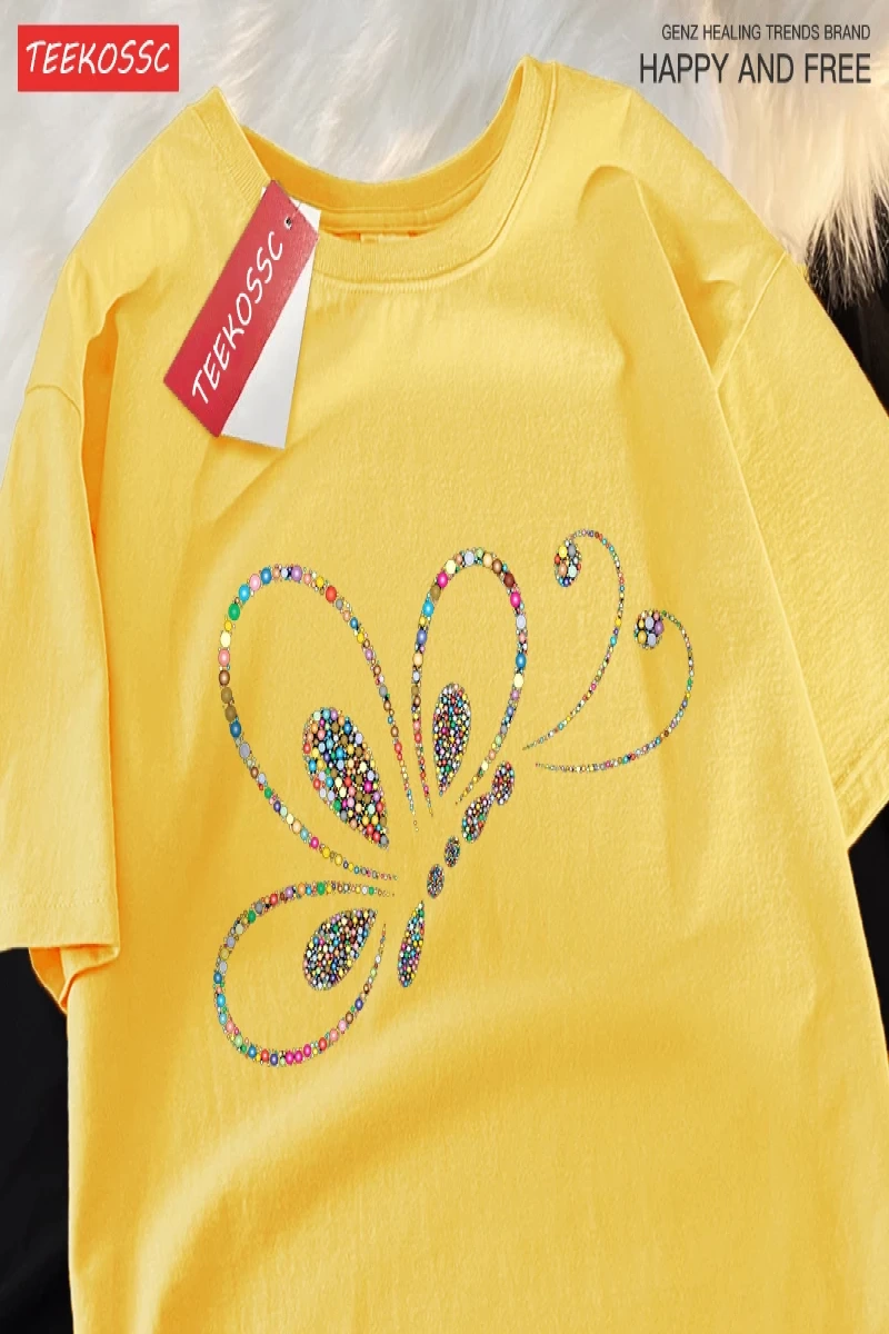 Y2k Vintage Tişört Tee Renkli boncuklar uçan kelebekler