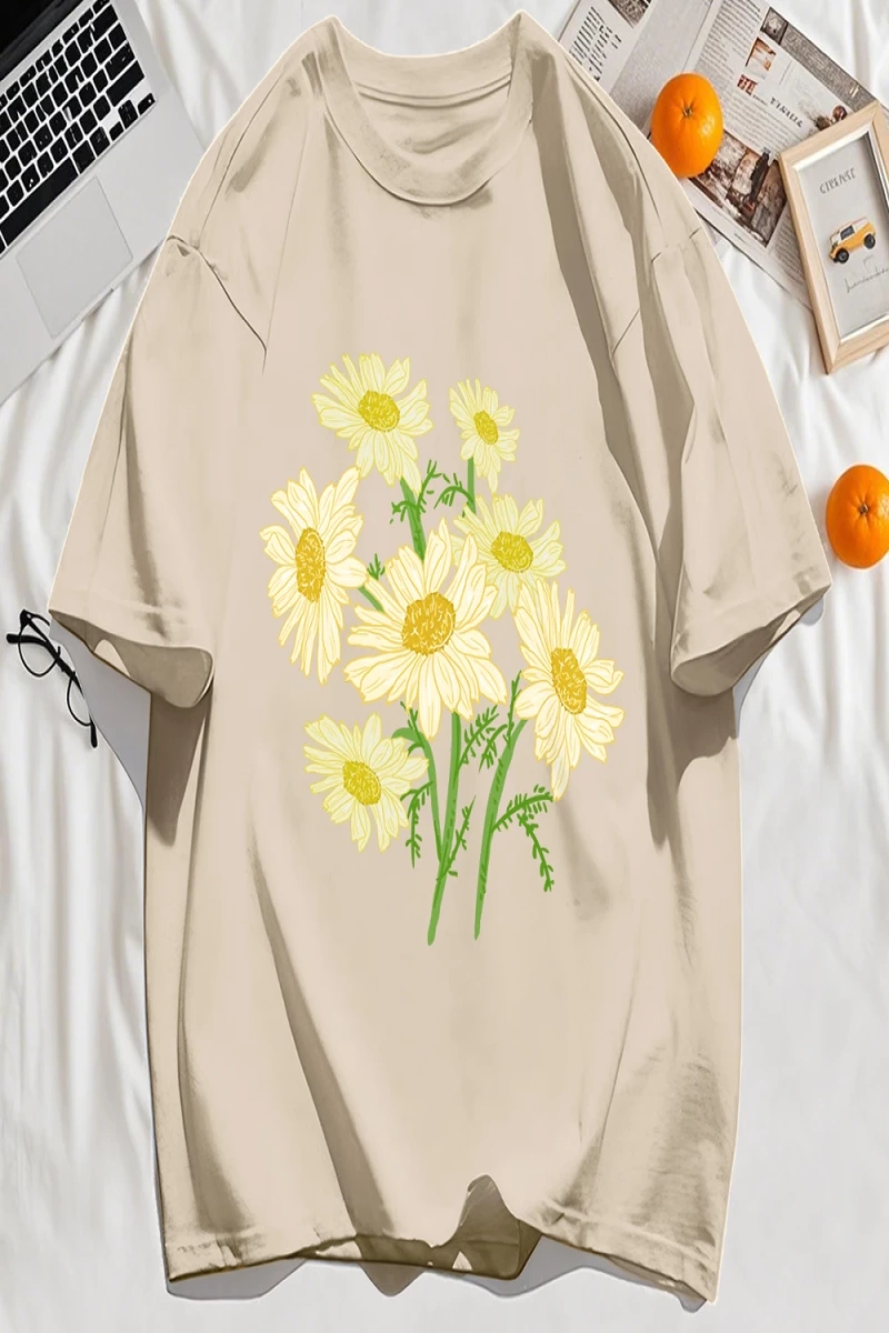 Y2k Vintage Tişört Tee Sarı Çiçekler Baskı