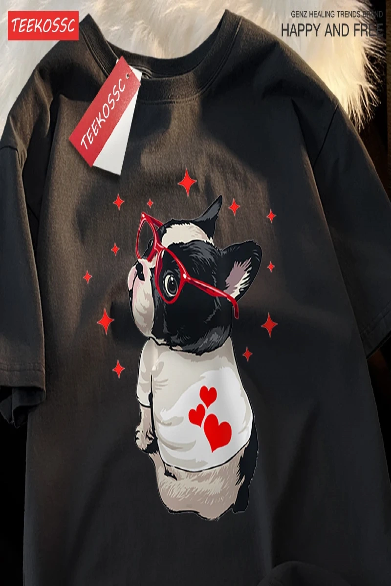 Y2k Vintage Tişört Tee Sevimli köpek geri bakmak baskı