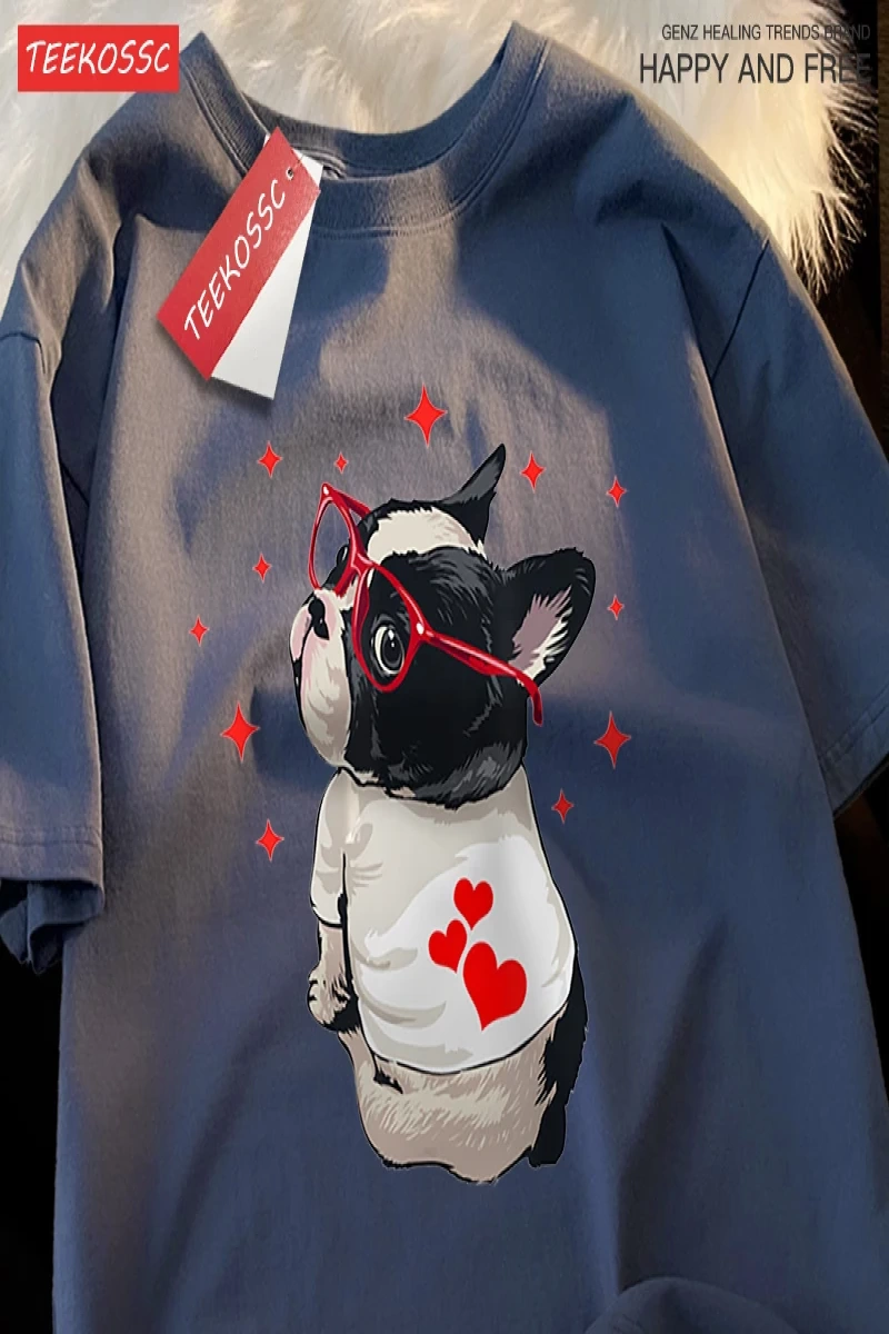 Y2k Vintage Tişört Tee Sevimli köpek geri bakmak baskı