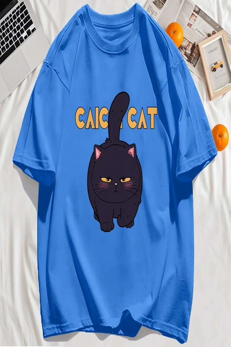 Y2k Vintage Tişört Tee Siyah Tombul Küçük Kedi Tasarım