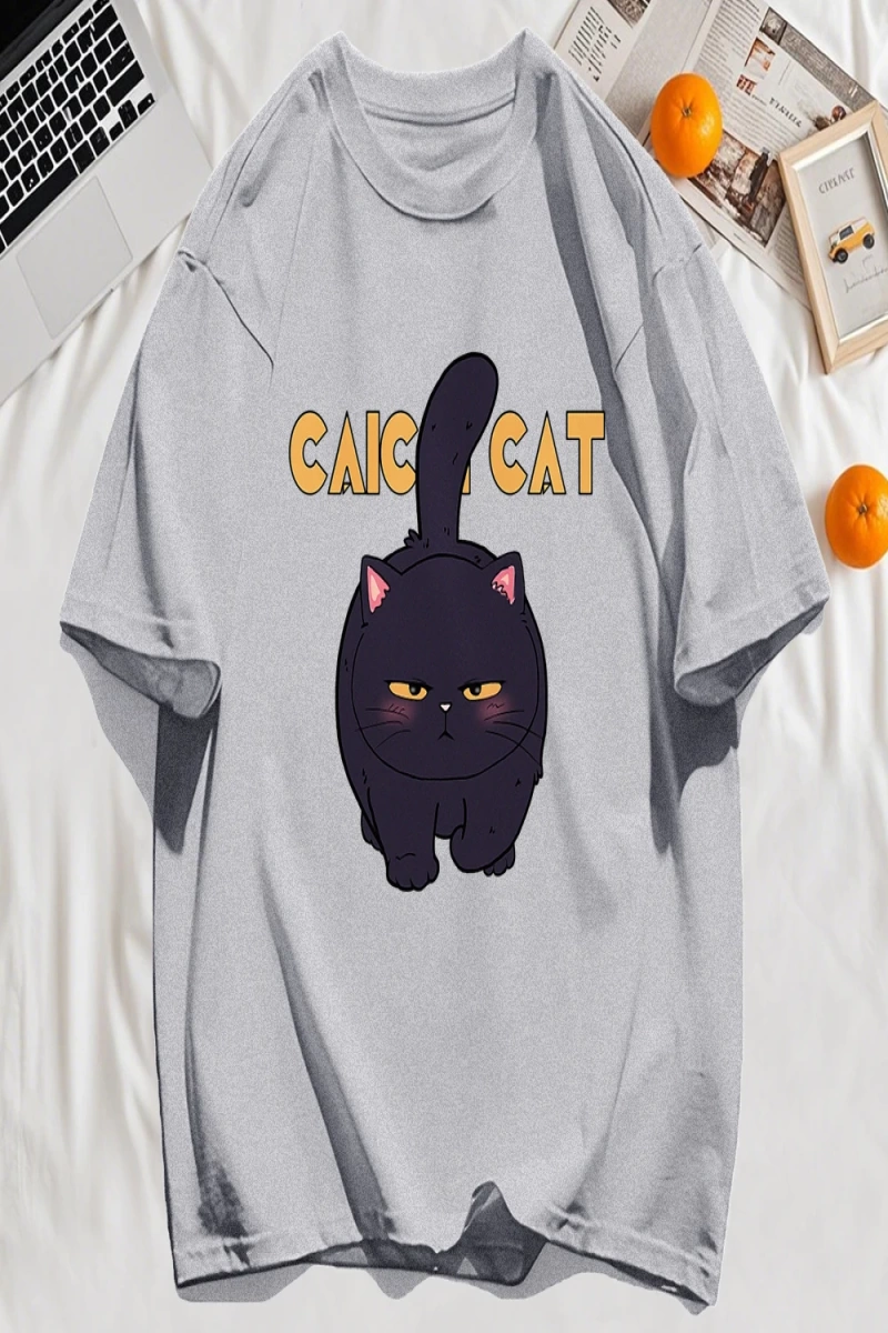 Y2k Vintage Tişört Tee Siyah Tombul Küçük Kedi Tasarım