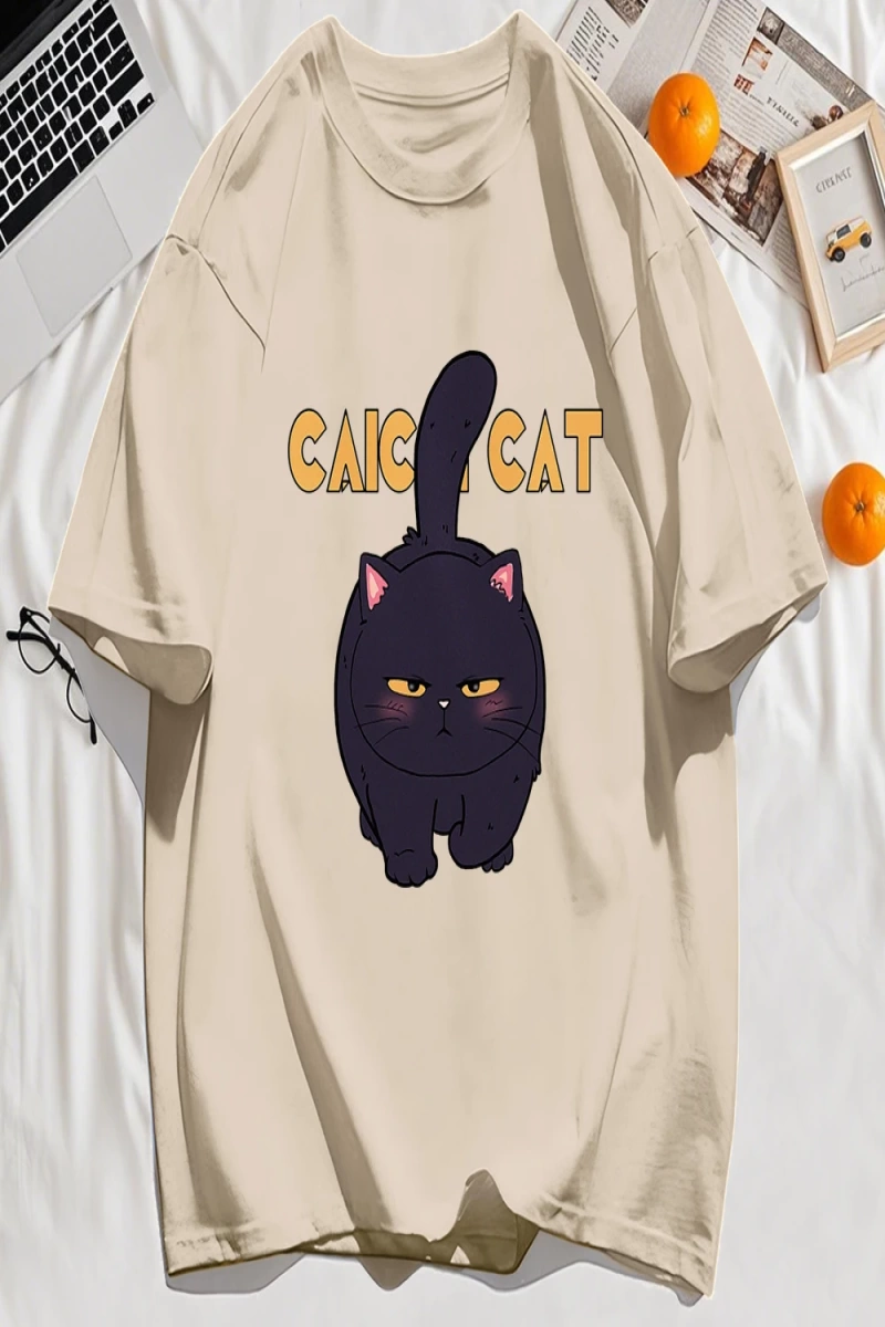 Y2k Vintage Tişört Tee Siyah Tombul Küçük Kedi Tasarım