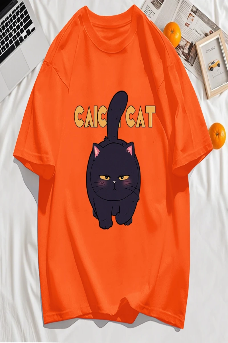 Y2k Vintage Tişört Tee Siyah Tombul Küçük Kedi Tasarım
