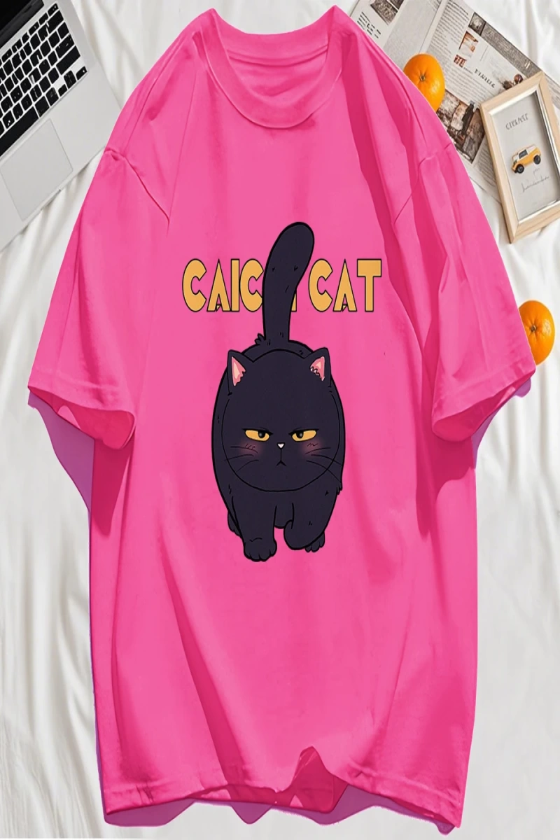 Y2k Vintage Tişört Tee Siyah Tombul Küçük Kedi Tasarım