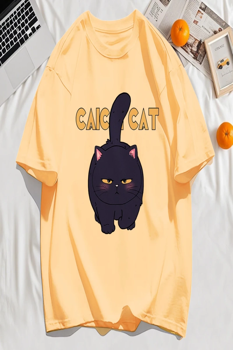 Y2k Vintage Tişört Tee Siyah Tombul Küçük Kedi Tasarım