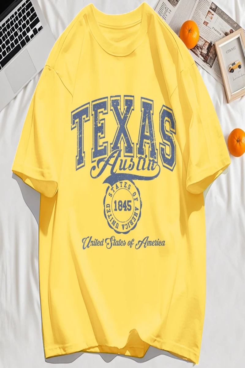 Y2k Vintage Tişört Tee Texas Abd 1845 Hollow Out Sanat Mektup Baskı