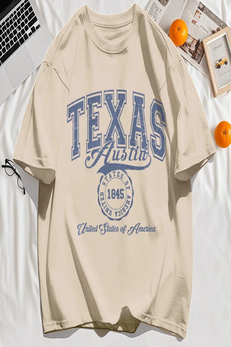 Y2k Vintage Tişört Tee Texas Abd 1845 Hollow Out Sanat Mektup Baskı