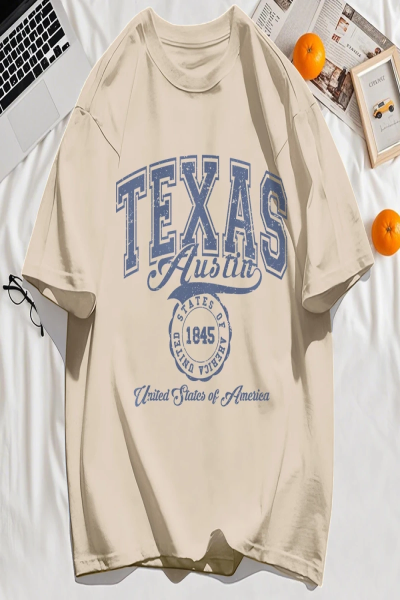 Y2k Vintage Tişört Tee Texas Abd 1845 Hollow Out Sanat Mektup Baskı