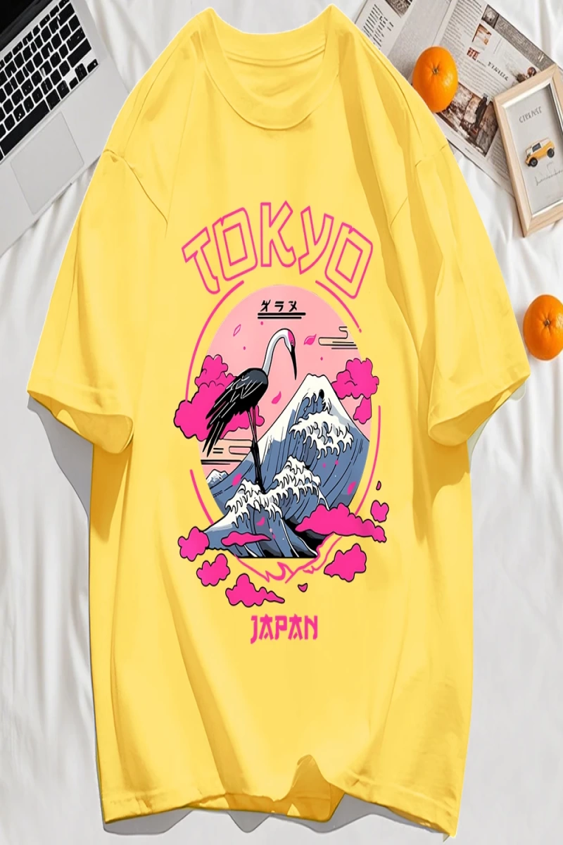 Y2k Vintage Tişört Tee Tokyo Japonya Harajuku Vinç Desen