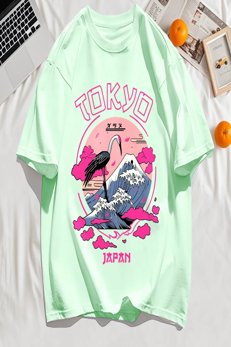 Y2k Vintage Tişört Tee Tokyo Japonya Harajuku Vinç Desen
