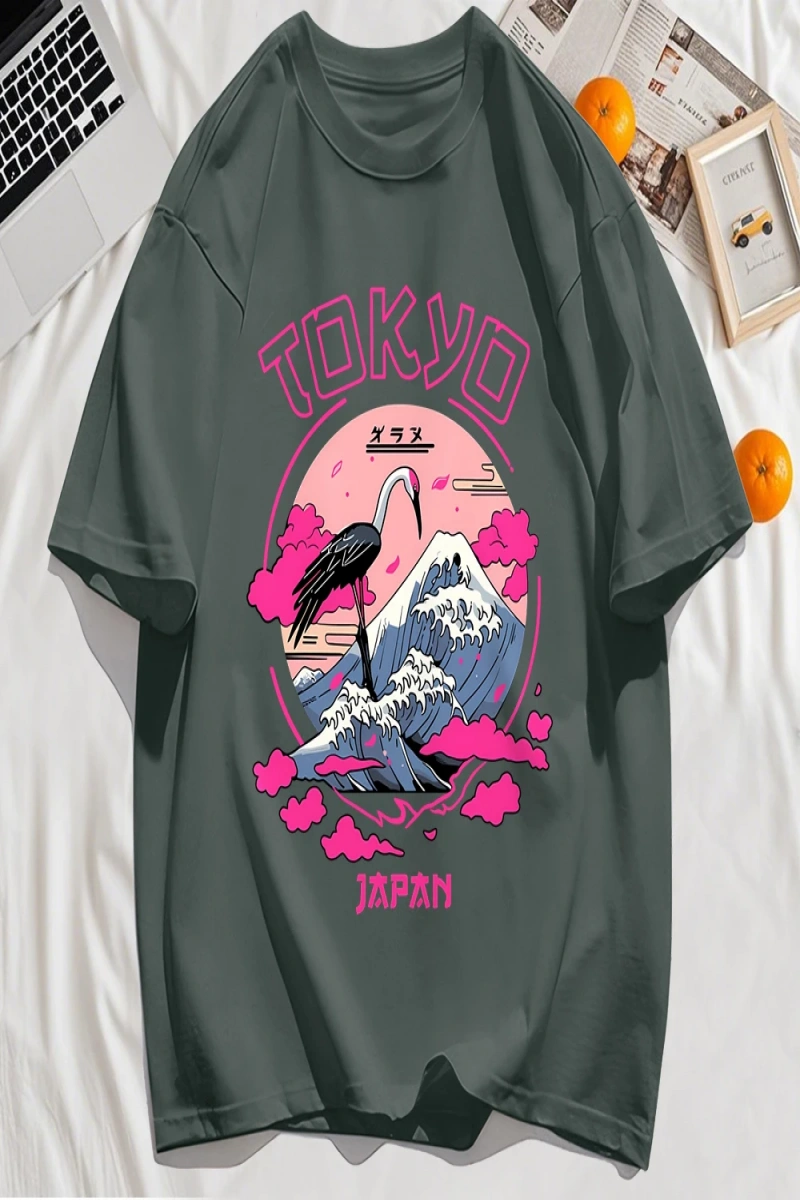 Y2k Vintage Tişört Tee Tokyo Japonya Harajuku Vinç Desen