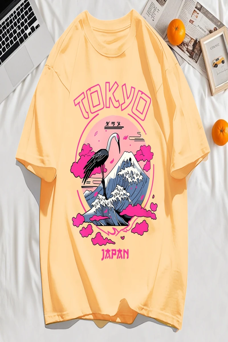 Y2k Vintage Tişört Tee Tokyo Japonya Harajuku Vinç Desen