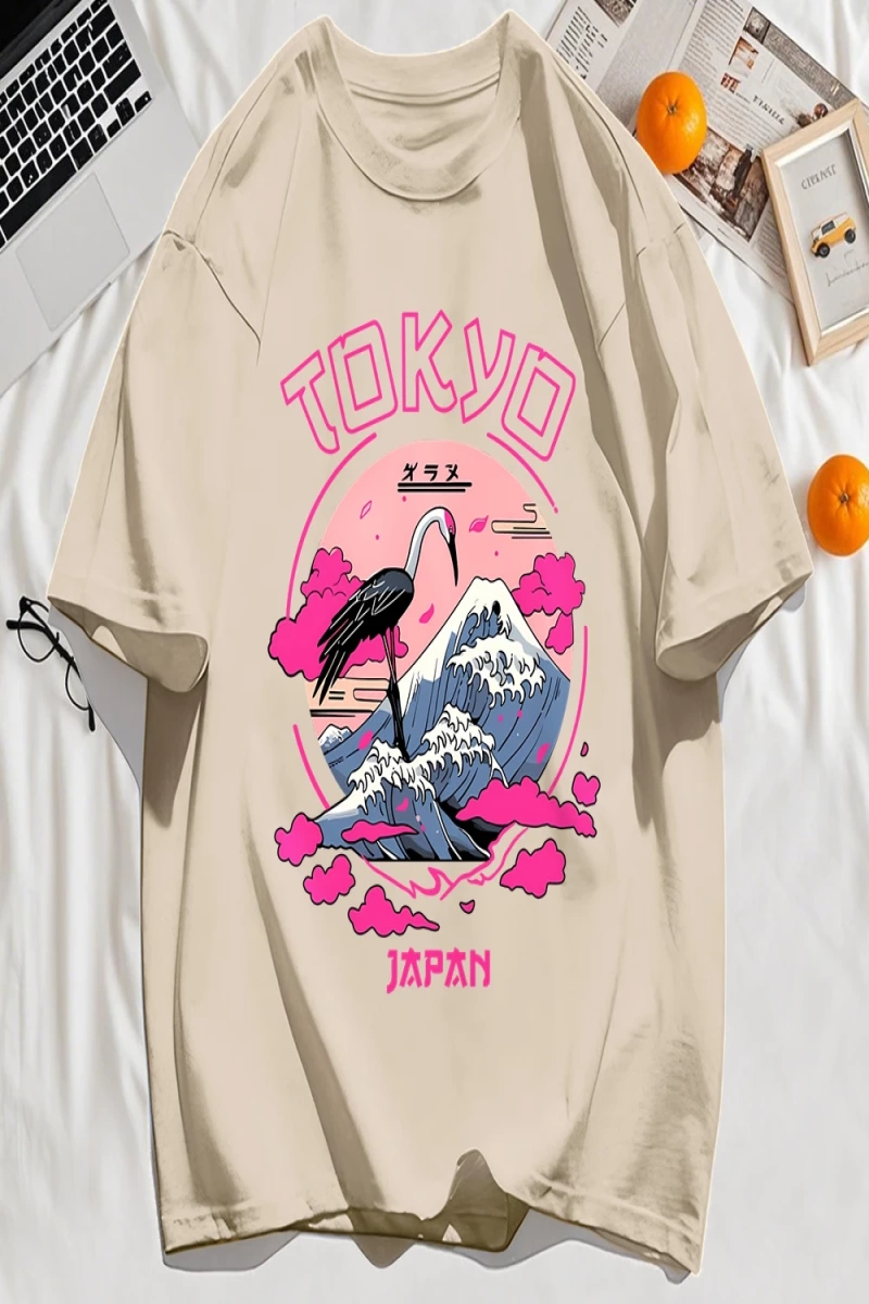 Y2k Vintage Tişört Tee Tokyo Japonya Harajuku Vinç Desen