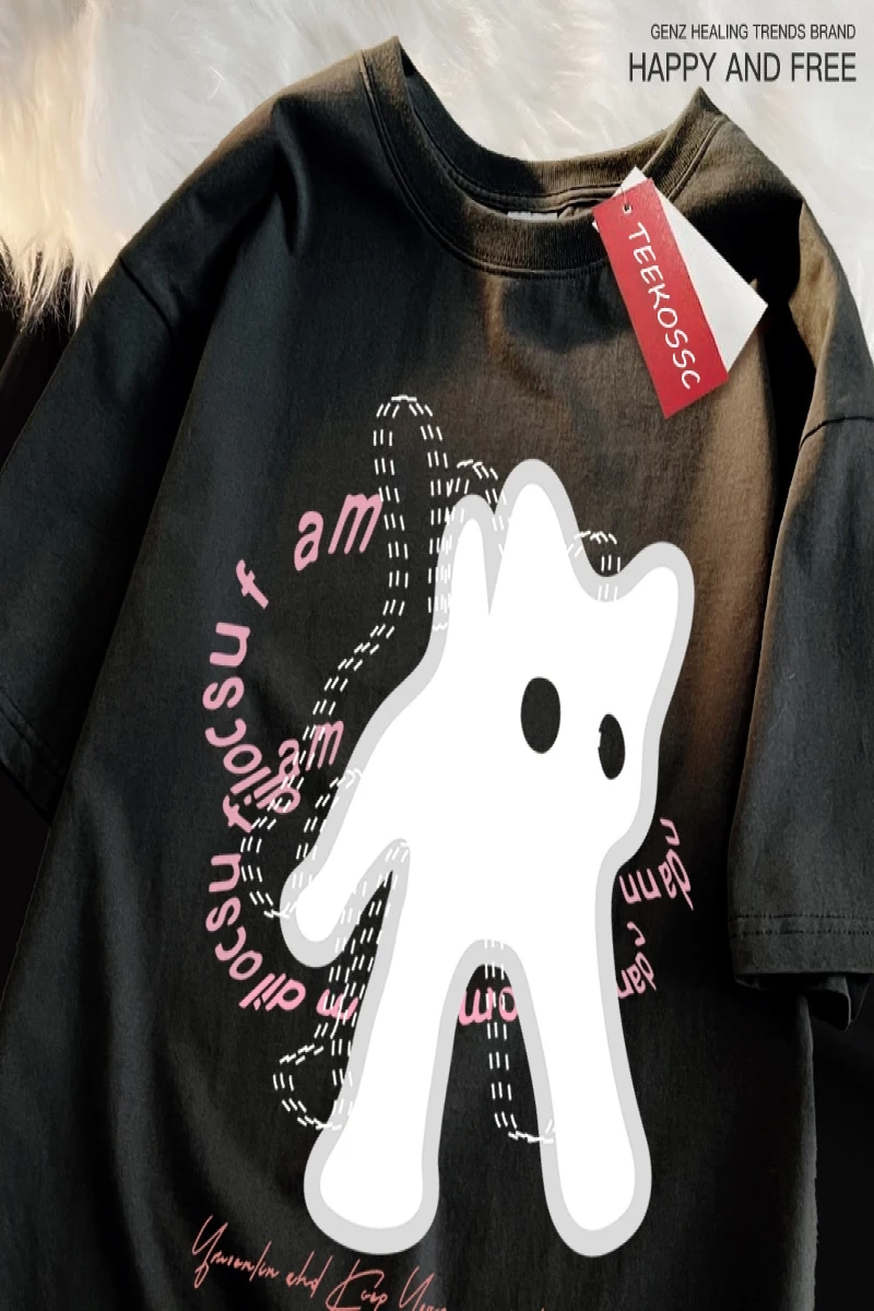 Y2k Vintage Tişört Tee Vintage sevimli kedi baskı japon tarzı