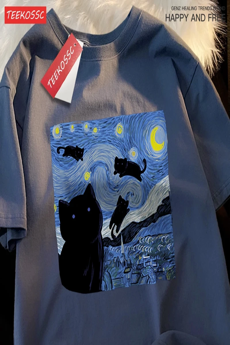 Y2k Vintage Tişört Tee Yağlıboya yıldızlı kedi gece